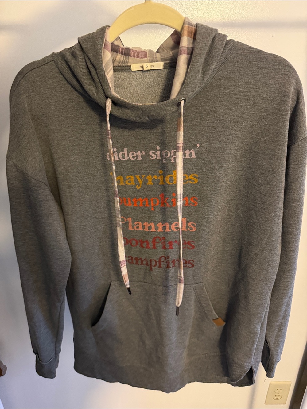Maurices Gray Hoodie with Multicolor Fall Text and Plaid Hood Trim